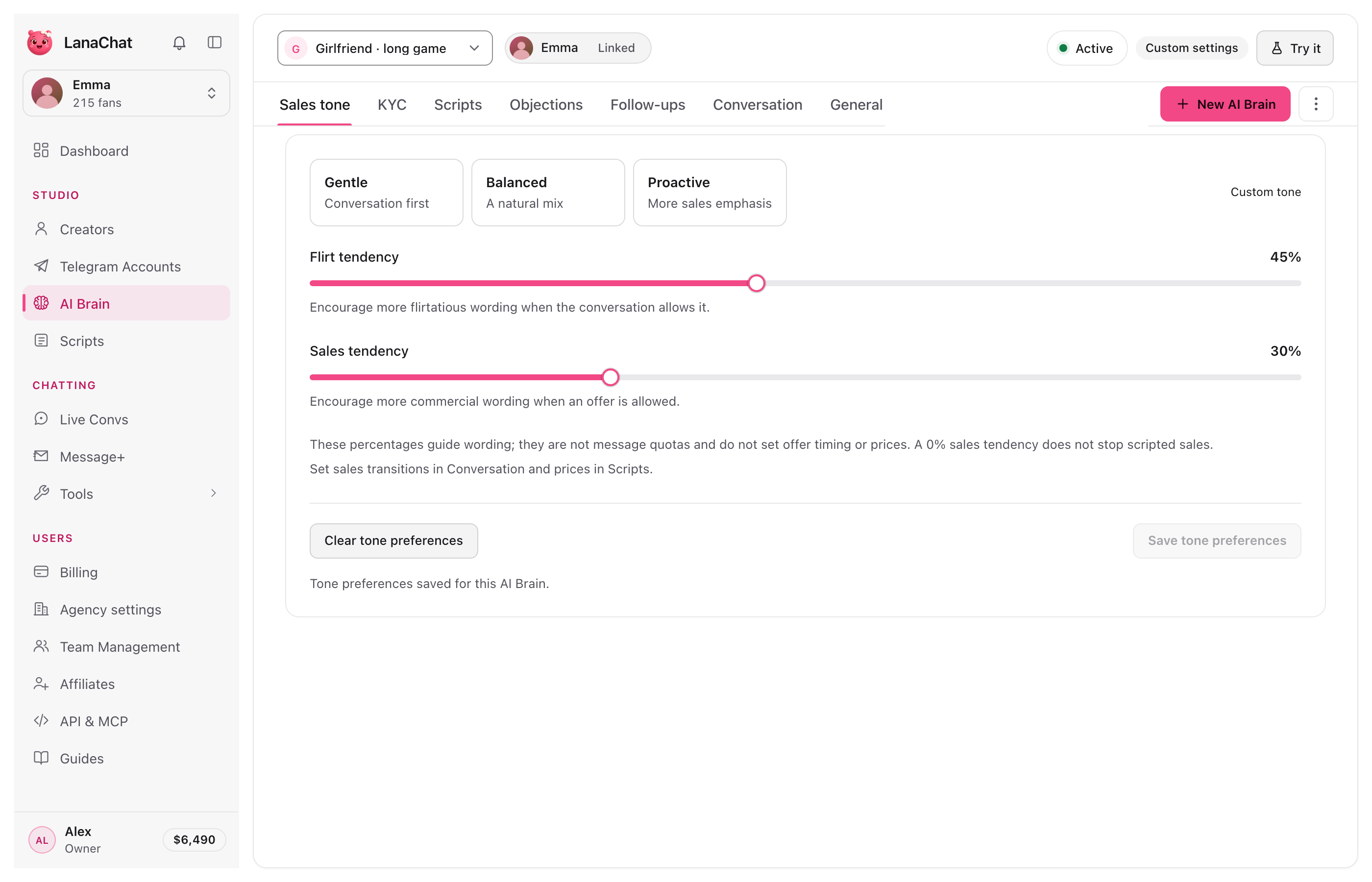 AI Brain: the sales tone of a creator, flirt and sales tendency sliders