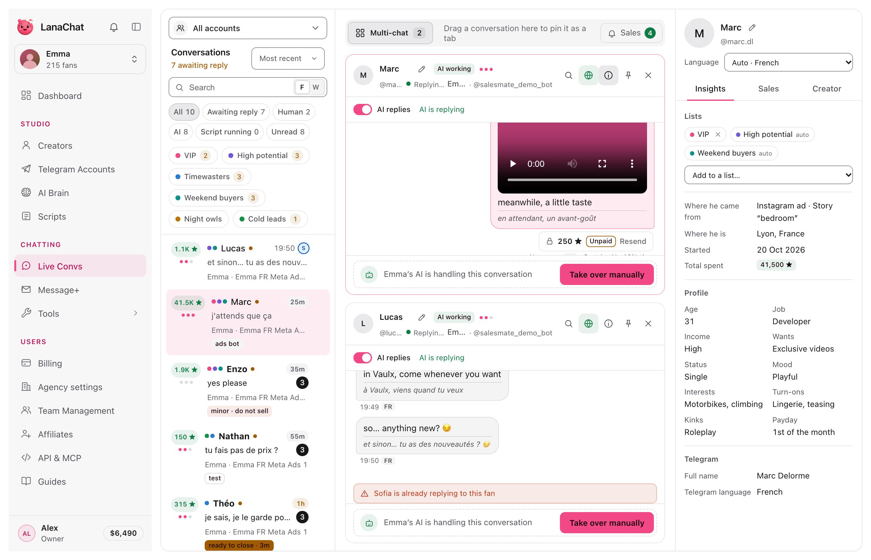Die LanaChat Console, Live Convs: die Gesprächsliste, zwei von Lana parallel betreute Chats und das Fan-Profil