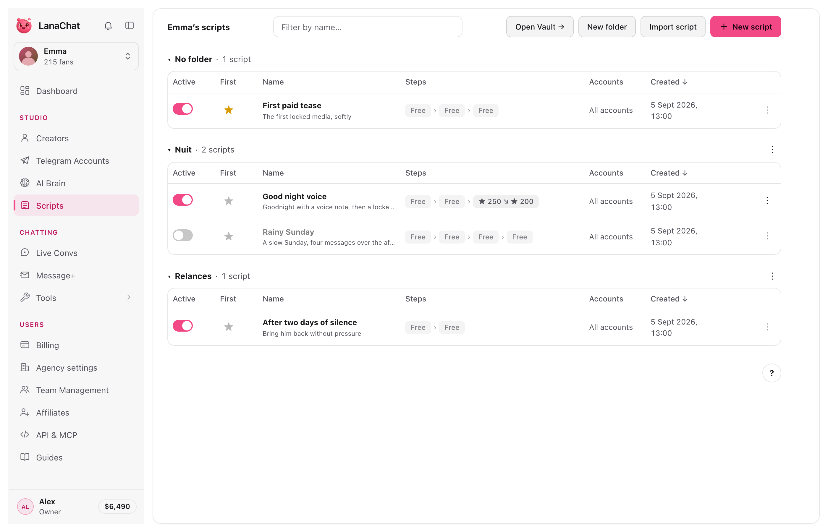 Scripts: the sales scripts sorted into folders, with their steps and prices in Stars