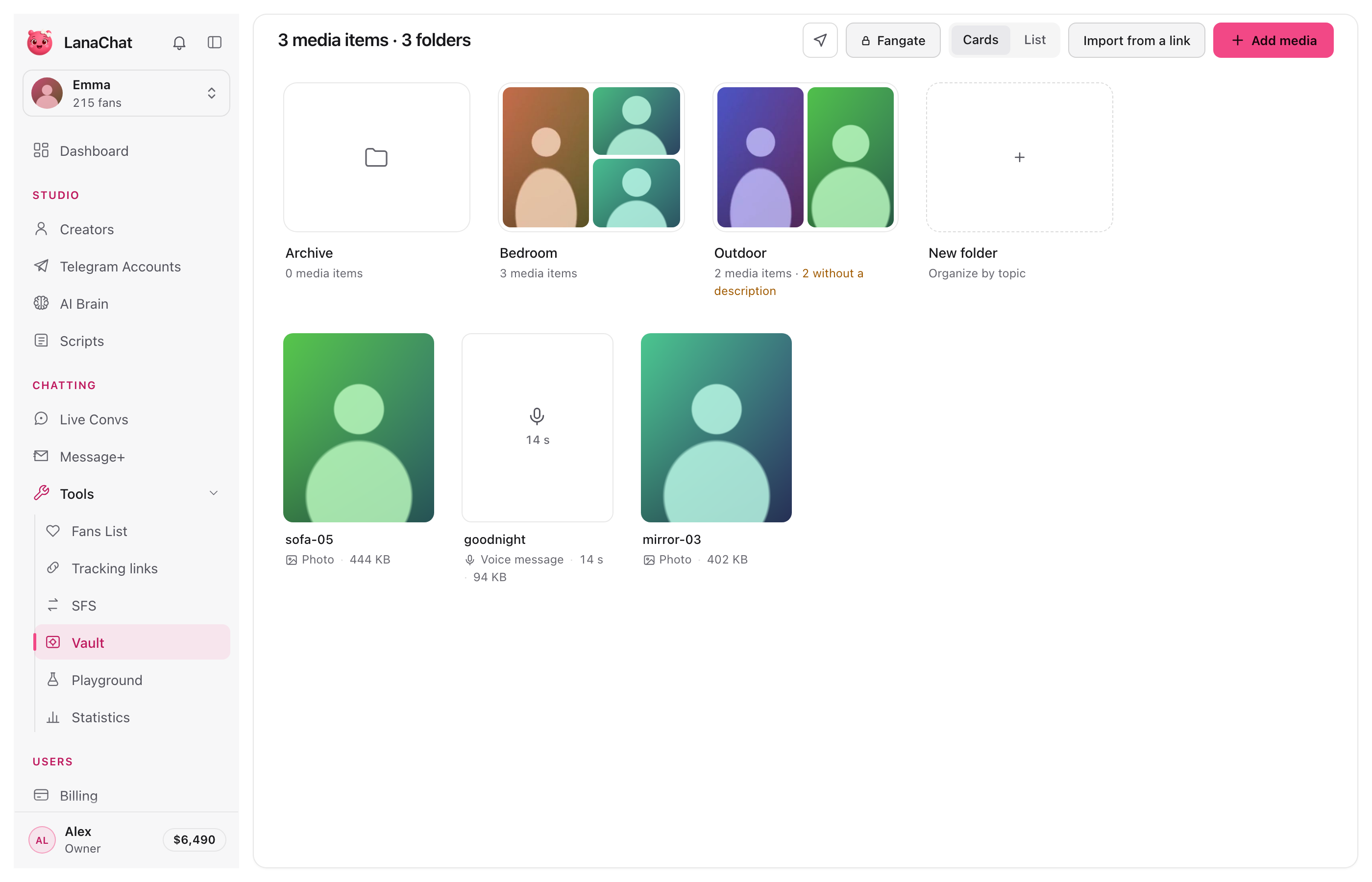Vault: the folders and media of a creator, photos and a voice note
