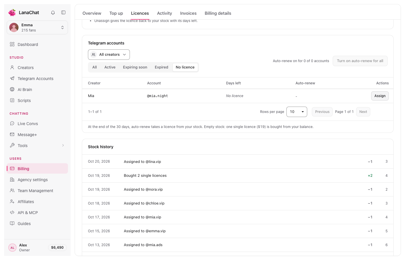 Accounts without a licence, with Assign