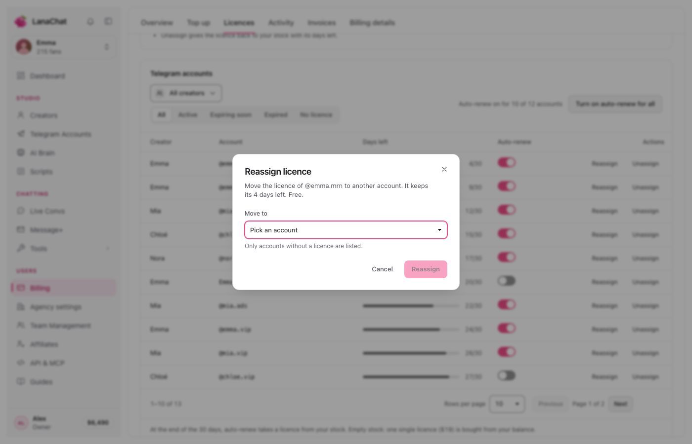 Reassign: the licence keeps its days left, for free