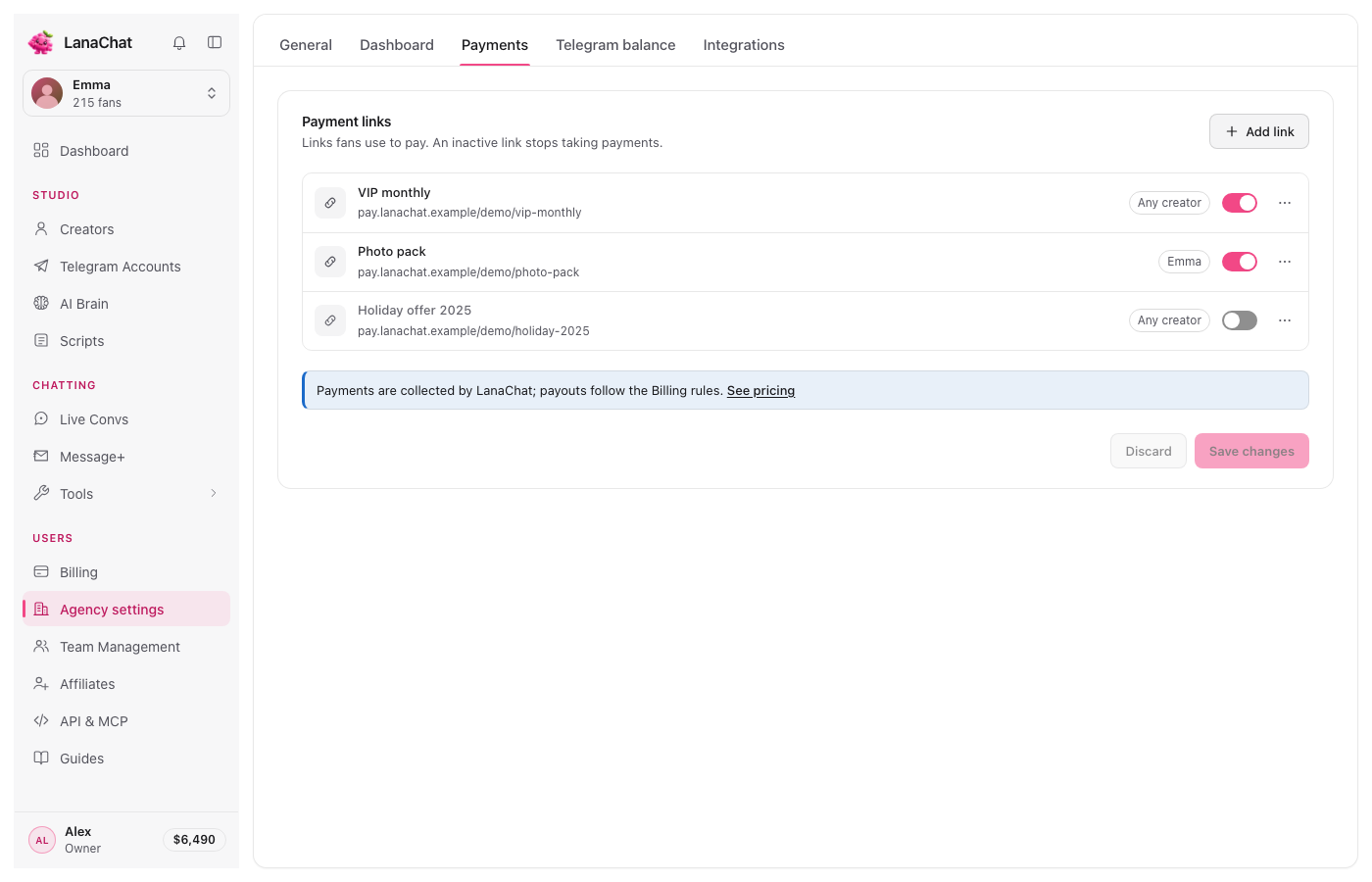 Agency settings, Payments: Ihre Zahlungslinks