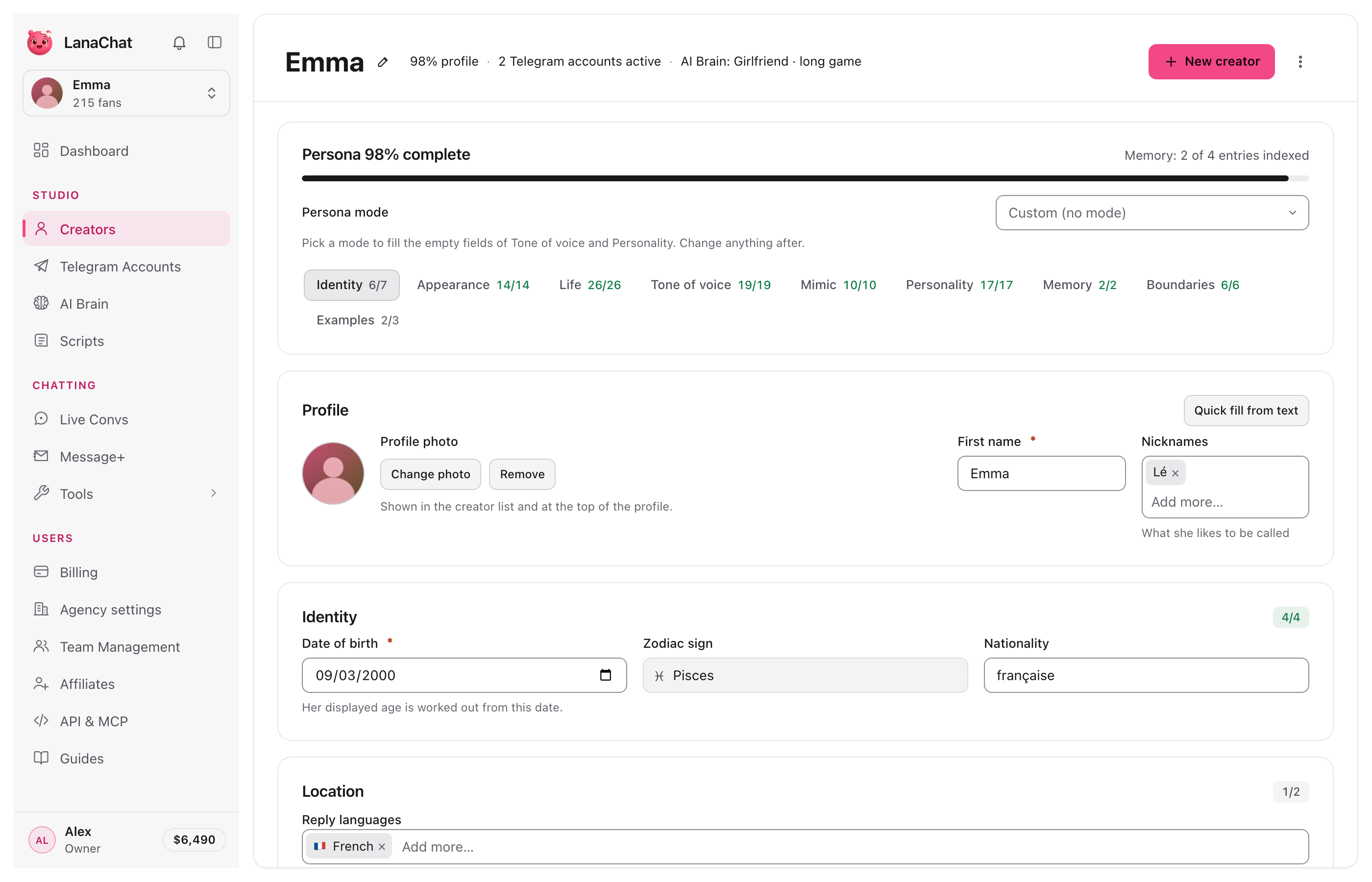 Creators: the page of a creator, her persona 98% complete, profile, identity and reply languages