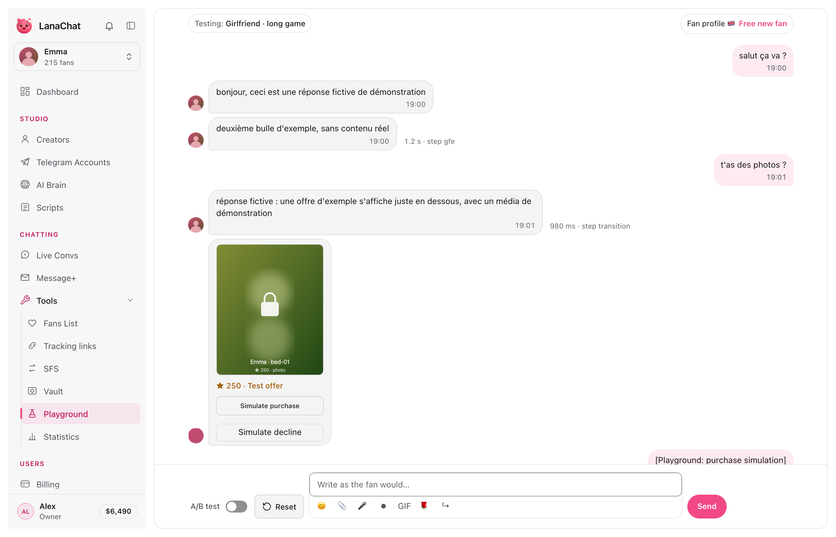 Playground: a test conversation with Lana, a locked photo offered at 250 Stars