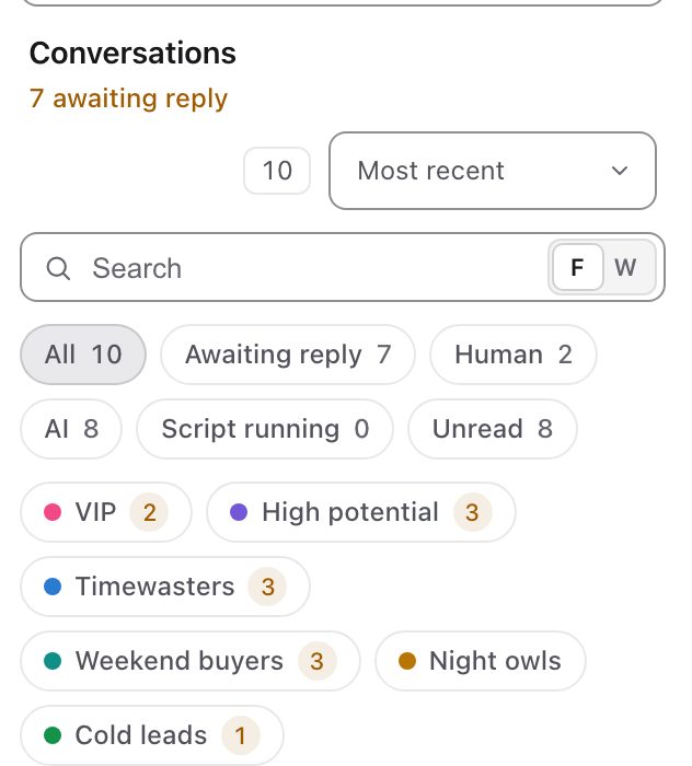 Conversation filters in the LanaChat console: All, Awaiting reply, Human, AI, Script running, Unread, then fan lists such as VIP, High potential, Timewasters, Weekend buyers, Night owls and Cold leads